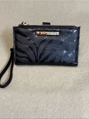 Betsey Johnson Black Zebra-Embossed Wristlet Clutch with Gold Plate